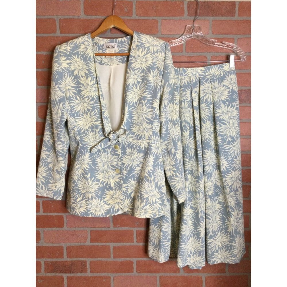 Vintage That's Me Women's Jacket Size 9/10 and Skirt Size 11/12 Set Floral Blue